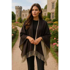 New York & Co Reversible Fringe Shawl Wrap Taupe Brown NWT Scandi Parisian Boho